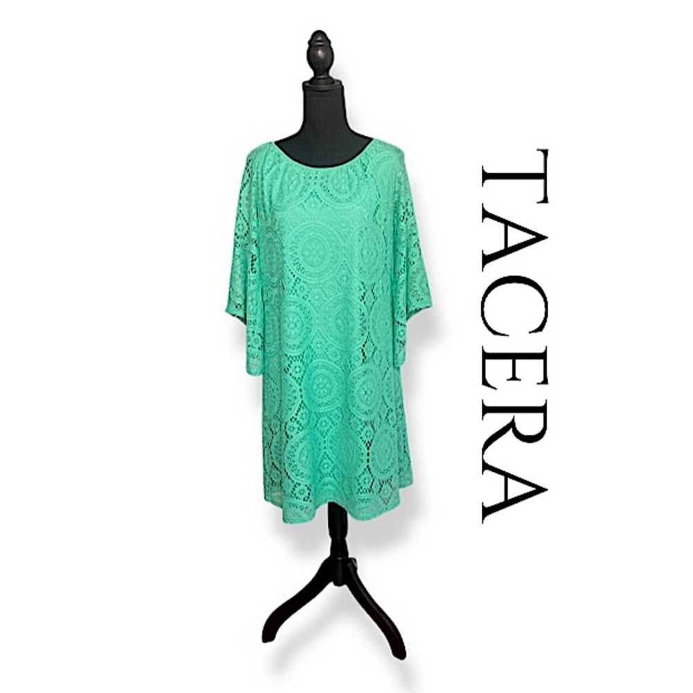 NWOT! Tacera Teal Embroidered Lace 3/4 Bell Sleeves Lined Shift Dress Size L